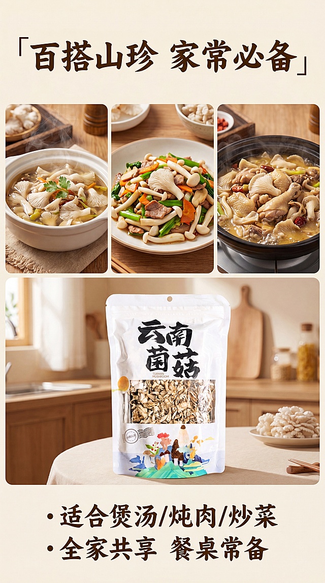 [第4屏] 详情页第四屏-白参菌食用场景+适配人群+价值收尾，展示百搭吃法，点出家常必备。本屏使用【图1】产品图，搭配场景食材组合。
[氛围/风格] 温馨家常风，烟火气十足的厨房餐桌氛围，温暖自然的食品摄影质感。
[元素布局] 画面上半部分展示白参菌多种食用场景组合：煲汤、炒菜、炖鸡的场景小图三宫格排列，每个场景都能看到白参菌作为食材加入。下半部分放置完整的白参菌包装袋产品，保持产品外观结构颜色和图1一致。整体场景占50%，产品占30%，留出文字区域。
[光影质感] 暖色调室内自然光，整体光线温暖柔和，场景和产品都清晰明亮，增加食欲感。
[配色色系] 全局底色：#F5F1E4（浅米黄）；主体配色：暖调食材色+产品原色+深棕文字，和全套配色保持统一。
[视角构图] 竖版三段式构图，从上到下依次场景展示-产品展示-文案收尾，阅读动线自然流畅。
[文字版式] 顶部大标题「百搭山珍 家常必备」，深棕色书法字体居中。底部收尾文案：「适合煲汤/炖肉/炒菜 全家共享 餐桌常备」，深棕色文字分点排列。字体沿用首屏书法标题字体+深棕字色+纯色填充，版式载体为三宫格场景标签。
[比例分辨率] 9:16竖版比例，4K分辨率，文字清晰可辨。
[负向提示词] 产品变形，包装文字错乱，场景杂乱，文字模糊，颜色偏差，结构错误