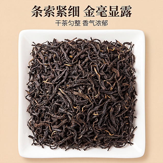 [第3屏] 干茶细节展示-换香翠红茶干茶叶真实质地特写。本屏使用【图3】展示干茶细节。[氛围/风格] 微距特写，真实质感，清晰自然，商业产品摄影质感。[元素布局] 干茶叶占据画面中心70%区域，展示在白瓷盘中，保持深黑色带金毫的干茶外观颜色与原图一致，清晰展示茶叶条索紧细、金毫显露的质地特征。上方为标题区域，下方浅茶褐色背景衬托。[光影质感] 柔和顶光打亮茶叶纹理，自然阴影突出干茶立体感，细节清晰可见。[配色色系] 全局底色：#F5E7D3（浅茶褐）；主体配色：#1E1E1E（干茶深褐）+#D4AF37（金毫）+#FFFFFF（瓷盘白）；字色：#2C1E10（深褐）。[视角构图] 俯视微距特写，主体居中饱满，构图干净突出细节。[文字版式] 顶部居中主标题「条索紧细 金毫显露」，书法字体，深褐色；副标题「干茶匀整 香气浓郁」居中在主标题下方，小号字体。复用首屏书法标题字体+无衬线正文字体；字色仅深褐一种；字效统一纯色填充。[比例分辨率] 1:1 正方形比例，4K 分辨率，文字清晰可辨，超高清。[负向提示词] 茶叶变质，颜色失真，纹理模糊，构图杂乱，文字错乱