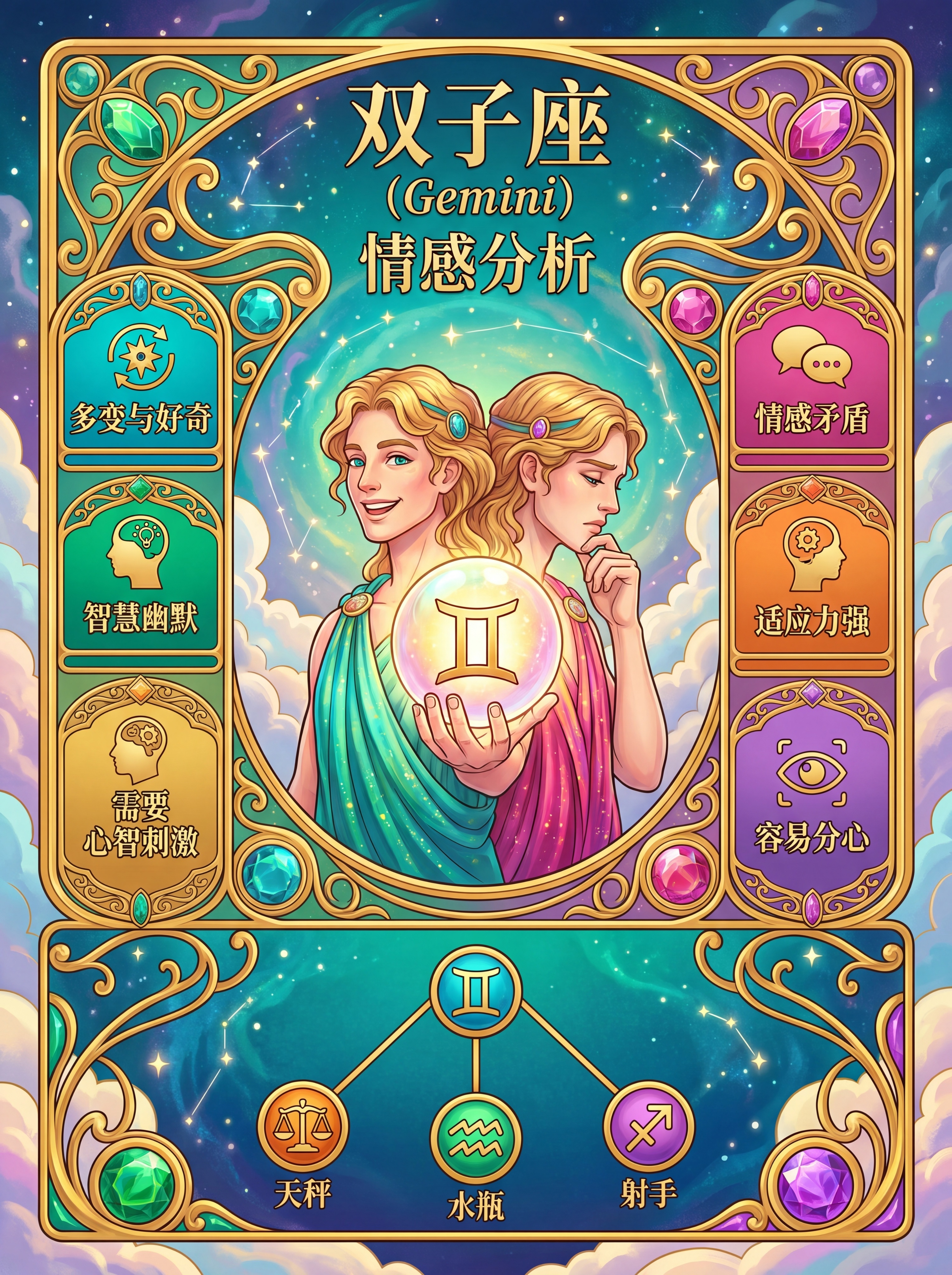 精美明亮风格的十二星座情感分析图片，双子座，画面精致，色彩鲜艳… - 图片创意预览