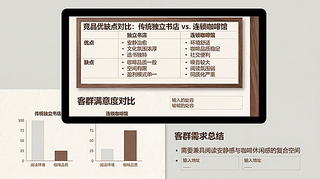 16:9 PPT市场调研页，胡桃木棕+米白+浅灰低饱和配色，原木复古简约风，大量留白，图文分区规整，上部分为传统独立书店和连锁咖啡馆竞品优缺点对比表格，下半部分放置柱状对比图表，对比两类竞品客群满意度，底部总结客群需求：需要兼具阅读安静感与咖啡休闲感的复合空间，预留排版区域，标题粗体，正文分点，整体安静治愈文艺高级，无花哨特效