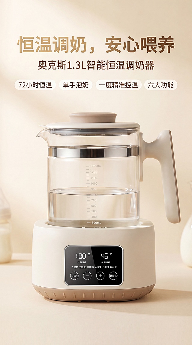 [第1屏]奥克斯1.3L调奶器详情页头图，使用【图2】作为商品主体，主标题"恒温调奶，安心喂养"，副标题"奥克斯1.3L智能恒温调奶器"，卖点标签：72小时恒温/单手泡奶/一度精准控温/六大功能。温馨母婴风，暖米背景柔和光线，产品占比65%，保持原图外观颜色结构，9:16竖版4K清晰，文字可读。负向：产品变形、文字错乱