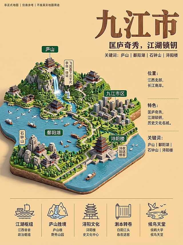 生成一张立体积木风格九江市旅游地图，参考上传图片的立体微缩景观风格，主标题大字"九江市"，副标题"匡庐奇秀，江湖锁钥"，关键词：庐山、鄱阳湖、石钟山、浔阳楼，内容标注九江市位置：江西北部，长江南岸，特色有庐山李白飞流直下三千尺，白居易浔阳江头夜送客，在九江市轮廓内做立体微缩景观展示各个景点，保持米黄色背景，底部加上图标和说明文字，整体风格和参考图一致，3D立体，绿色山水，微缩景观