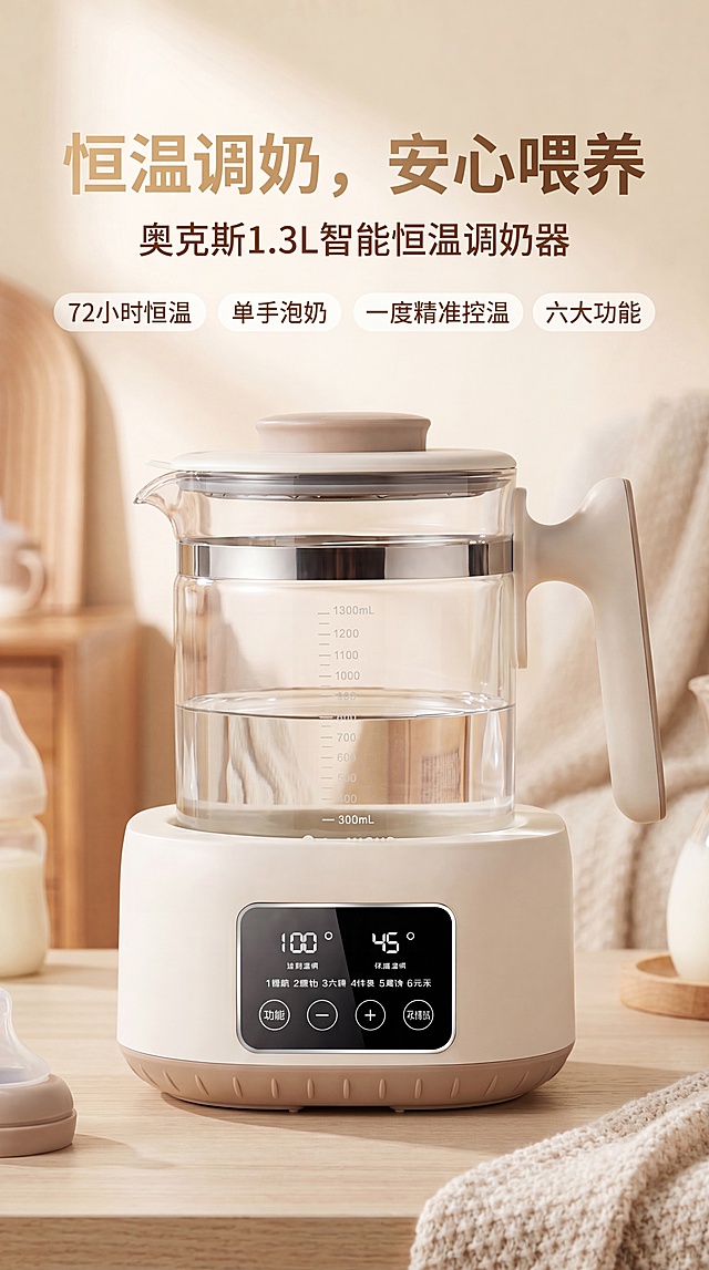 [第1屏]奥克斯1.3L智能恒温调奶器首图重设计，保留原有产品和文案，标题"恒温调奶，安心喂养"，副标题"奥克斯1.3L智能恒温调奶器"，卖点：72小时恒温，单手泡奶，一度精准控温，六大功能。提升高级质感，采用柔和北欧风家居背景，增加柔美的自然光影，浅暖色莫兰迪色调，产品清晰通透，光影层次更丰富，提升高级质感和购买吸引力，保持原有产品外观颜色结构不变，9:16竖版4K分辨率，文字清晰可读。负向：产品变形、文字错乱、颜色偏差