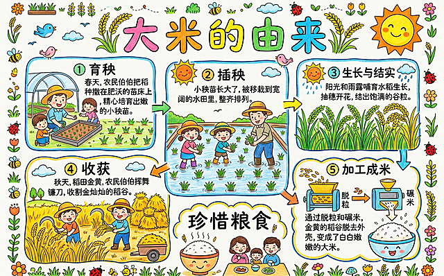 参照之前蚕宝宝和小蜜蜂手抄报的风格，做一张"大米的由来"科普手抄报，手绘儿童风格，包含大米从水稻种植到成为大米的几个关键生长过程，每个阶段配有卡通插图和说明文字，整体标题为"大米的由来"，风格可爱童趣，颜色鲜艳，添加农作物太阳等装饰，保留原排版和色彩风格
