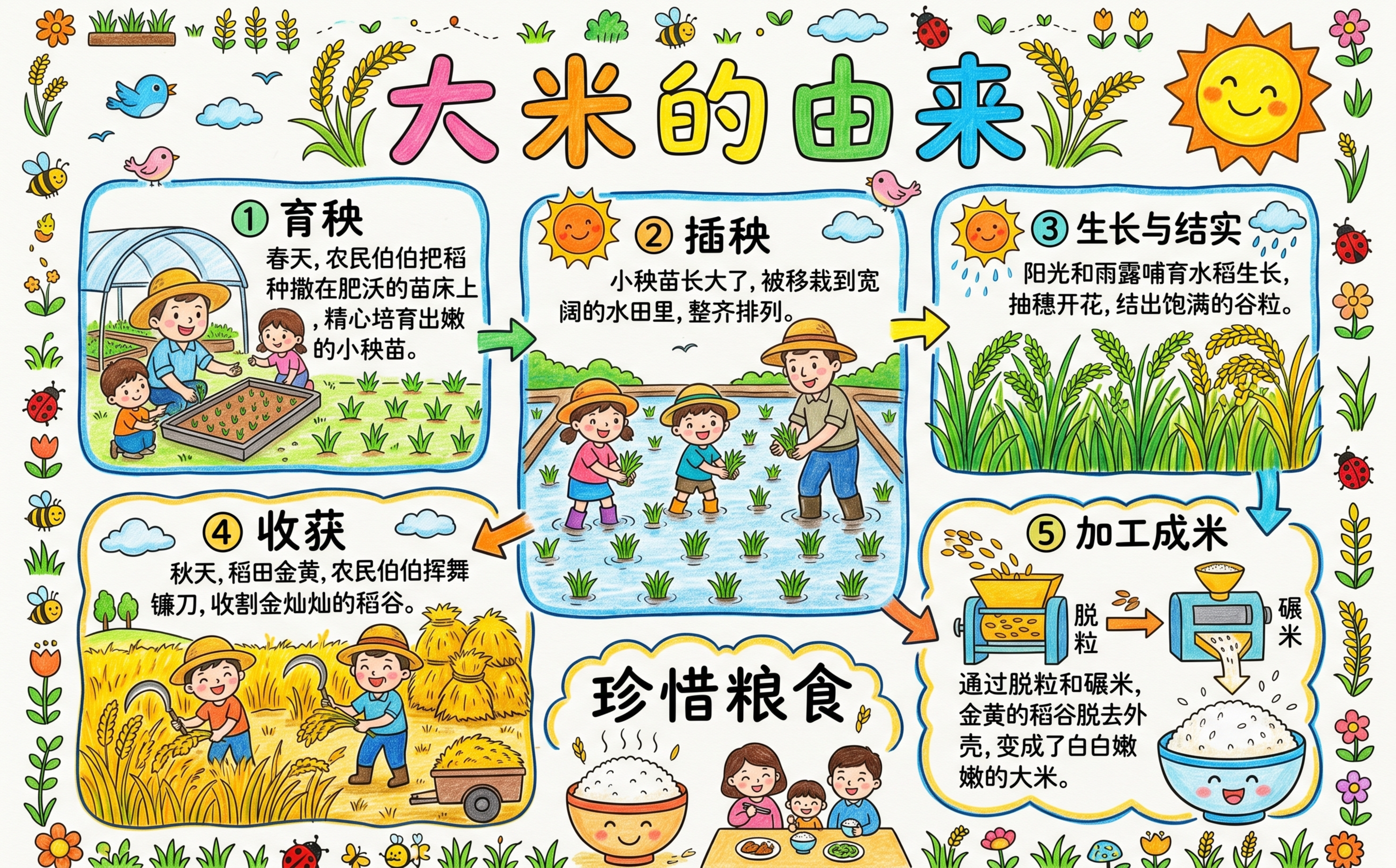参照之前蚕宝宝和小蜜蜂手抄报的风格，做一张"大米的由来"科普手… - 图片创意预览