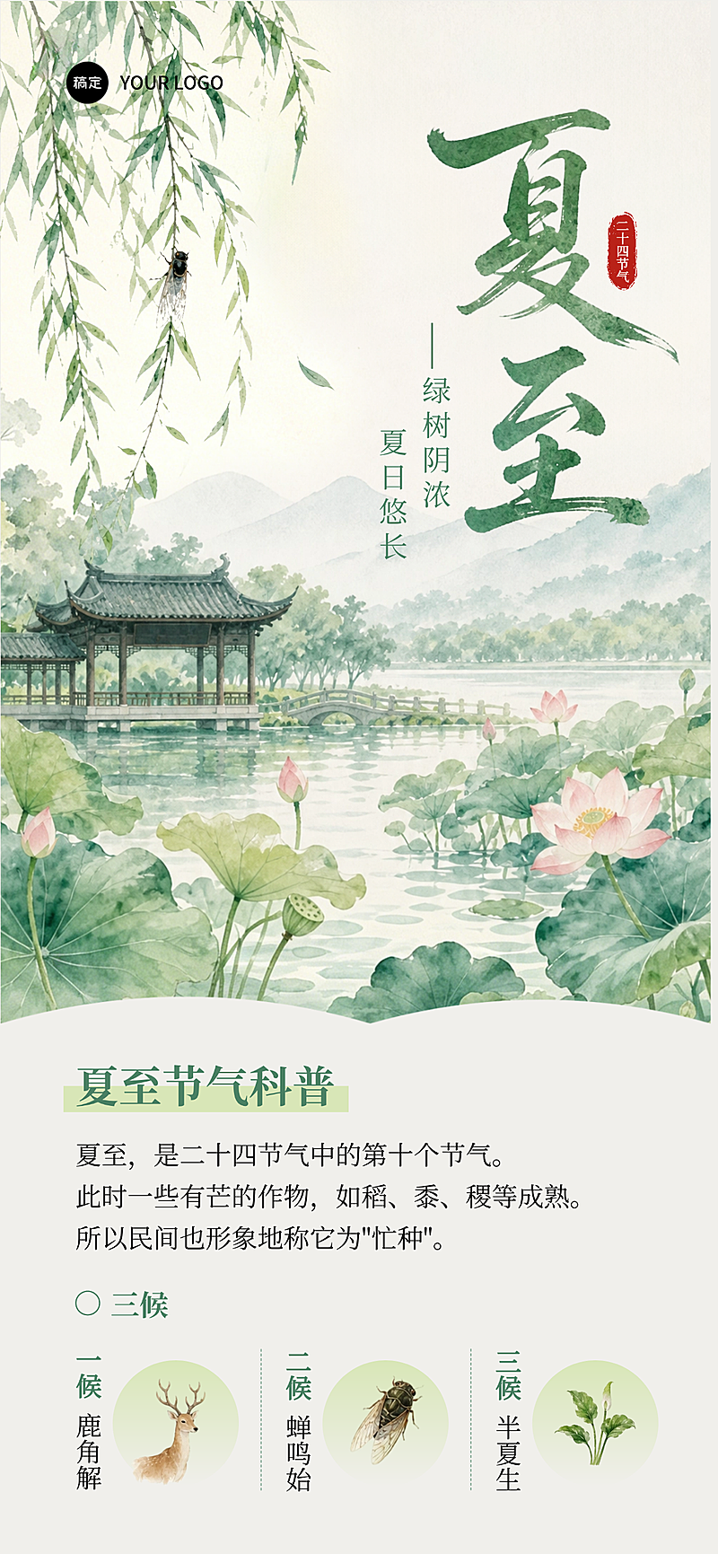 夏至节气科普中式水彩风全屏竖版海报