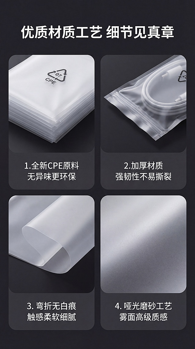 [第2屏] 材质与工艺卖点解析页。本屏使用【图1】、【图4】展示产品材质
[氛围/风格] 专业细节展示，深色高级背景，清晰图文布局，商业质感
[元素布局] 画面顶部是主标题，主体区域采用2x2圆角卡片四宫格布局，分别展示四个材质工艺卖点，每个卡片放置对应产品局部细节，保持产品原有材质和印刷一致。每个卡片下方配对应卖点文字说明，整体层次清晰，不拥挤。
[光影质感] 每个卡片内产品局部采用柔和光影，突出磨砂质感和厚度，背景深灰衬托卡片内容，整体明暗均匀清晰
[配色色系] 全局底色：#2A2A2E（深灰）；卡片底色：#38383C；文字颜色：#FFFFFF主标题 + #E0E0E0内容
[视角构图] 顶部标题+中部四宫格网格，每个网格内产品居中展示，保持统一排版，信息层级清晰
[文字版式] 顶部主标题「优质材质工艺 细节见真章」白色大字居中；四个卡片分别配卖点：1.全新CPE原料 无异味更环保；2.加厚材质 强韧性不易撕裂；3.弯折无白痕 触感柔软细腻；4.哑光磨砂工艺 雾面高级质感。每个卖点文字简短清晰，不遮挡产品细节。
[比例分辨率] 9:16竖版比例，4K分辨率，文字清晰可辨
[负向提示词] 产品变形，文字错乱，结构错误，颜色偏差，背景杂乱，文字不清晰