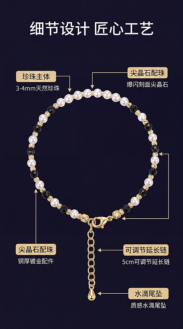 [第3屏] 产品解析-整体结构设计细节引线标注。
[氛围/风格] 清晰解析风，专业商业展示，细节一目了然。
[元素布局] 整幅展示【图1】完整手链，保持产品结构颜色与原图一致，用浅色引线分别标注关键结构：珍珠主体、尖晶石配珠、镀金配件、可调节延长链、水滴尾坠。每个标注框内放对应文字说明，引线不遮挡主体结构太多。
[光影质感] 整体均匀打光，每个结构细节清晰可见，光影层次自然，产品真实有质感。
[配色色系] 全局底色：#12121A（深黑蓝），引线和标注文字用浅金色，保持和整体色系统一。
[视角构图] 正面居中展示，完整呈现手链环形结构，标注布局在产品四周，不拥挤。
[文字版式] 顶部标题 "细节设计 匠心工艺" 白色居中，每个标注对应简短说明文字 "3-4mm天然珍珠" "爆闪刻面尖晶石" "铜厚镀金配件" "5cm可调节延长链" "质感水滴尾坠"，文字清晰易读。
[比例分辨率] 9:16竖版比例，4K分辨率，文字清晰可辨，超高清。
[负向提示词] 标注遮挡主体，引线混乱，文字重叠，产品变形，结构错误。