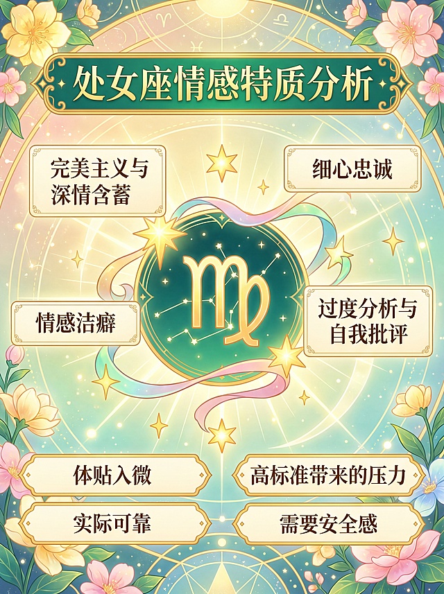 精美明亮风格的十二星座情感分析图片，处女座，画面精致，色彩鲜艳明亮，清晰展示星座情感特质分析内容，排版高级