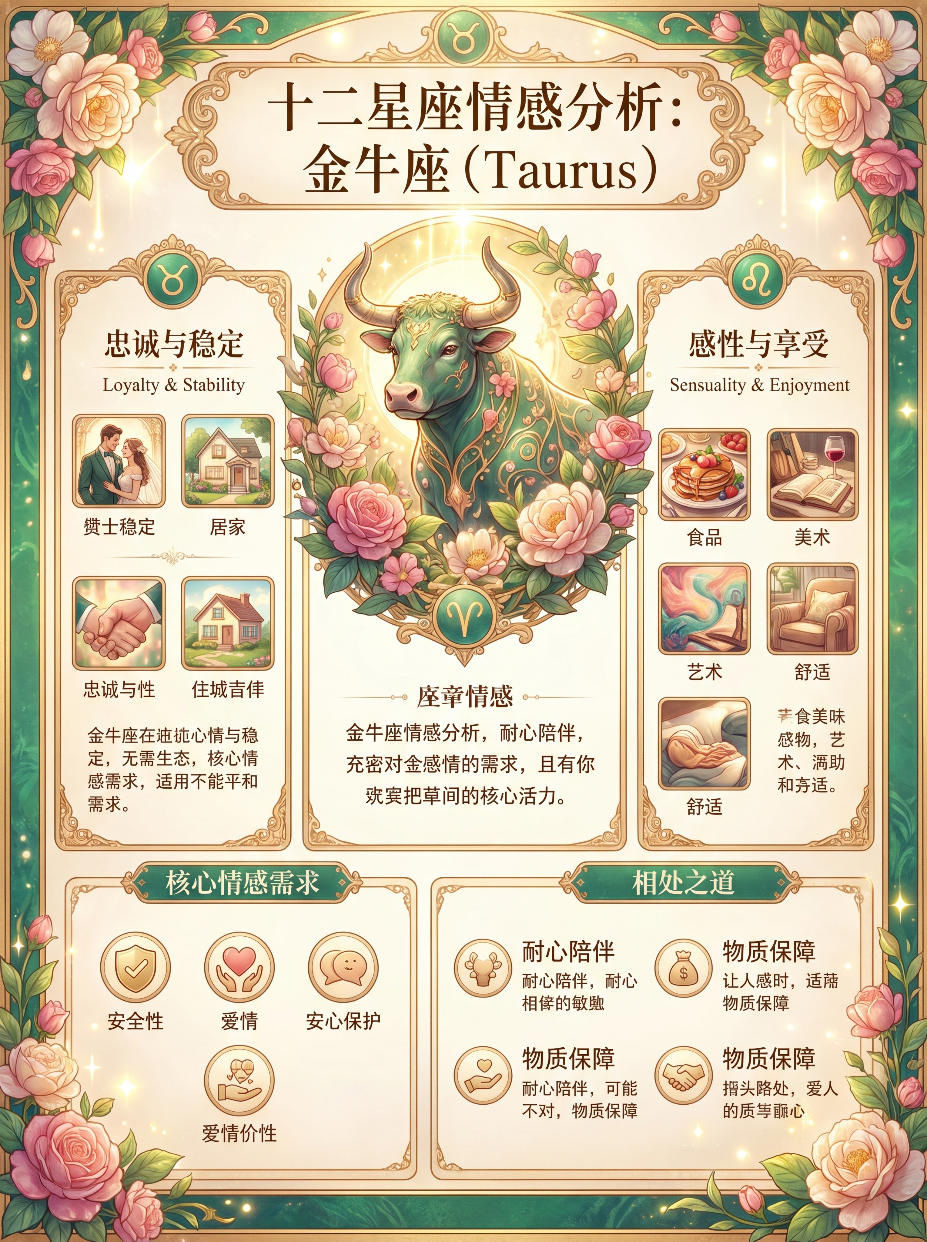 精美明亮风格的十二星座情感分析图片，金牛座，画面精致，色彩鲜艳… - 图片创意预览
