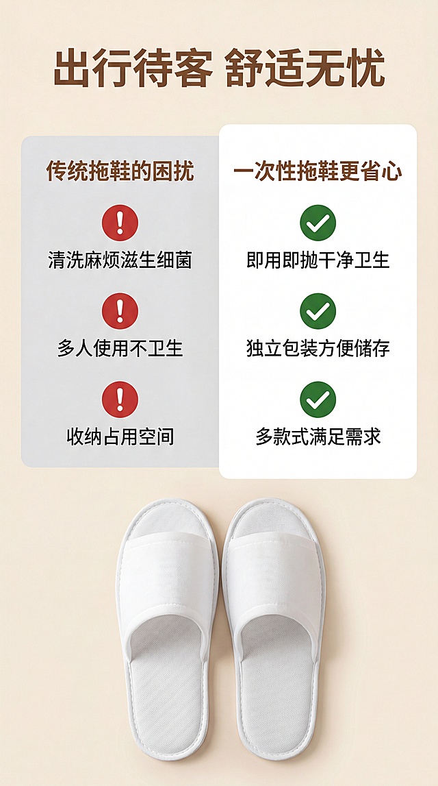 [第2屏] 痛点解决页，一次性拖鞋痛点对比说明图。本屏使用【图1】产品作为参考，保持产品外观颜色一致。
[氛围/风格] 清晰直观的对比风格，简约干净，商业设计感，信息层级分明。
[元素布局] 画面分为左右两栏对比布局，左栏展示传统拖鞋使用痛点，右栏展示本款一次性拖鞋解决优势，整体左右对称。底部保留完整产品展示区域，放置一双本款白色拖鞋作为主体，占画面底部30%高度。上方左右对比区域各占一半宽度，搭配痛点图标和文字说明。
[光影质感] 均匀柔和布光，左右区域亮度一致，产品清晰突出，文字对比一目了然，没有过暗过亮区域。
[配色色系] 全局底色：#F5F0E6（米浅棕）；主体配色：浅灰色痛点区+白色优势区；辅助色：#C43A31（痛点红色标记）+#2E7D32（优势绿色标记）。
[视角构图] 正面平视，上下构图，上对比下产品，阅读动线从上到下，左右对比清晰。
[文字版式] 顶部居中主标题“出行待客 舒适无忧”棕色大字，主标题下方左右分栏：左侧痛点标题“传统拖鞋的困扰”，分三点说明“清洗麻烦滋生细菌”“多人使用不卫生”“收纳占用空间”，每点配红色感叹号图标；右侧优势标题“一次性拖鞋更省心”，对应三点说明“即用即抛干净卫生”“独立包装方便储存”“多款式满足需求”，每点配绿色对勾图标。底部拖鞋不遮挡文字，排版干净。
[比例分辨率] 9:16 竖版比例，4K分辨率，文字清晰可辨，超高清。
[负向提示词] 产品变形，文字错乱，对比失衡，配色刺眼，水印，背景杂乱，结构错误。