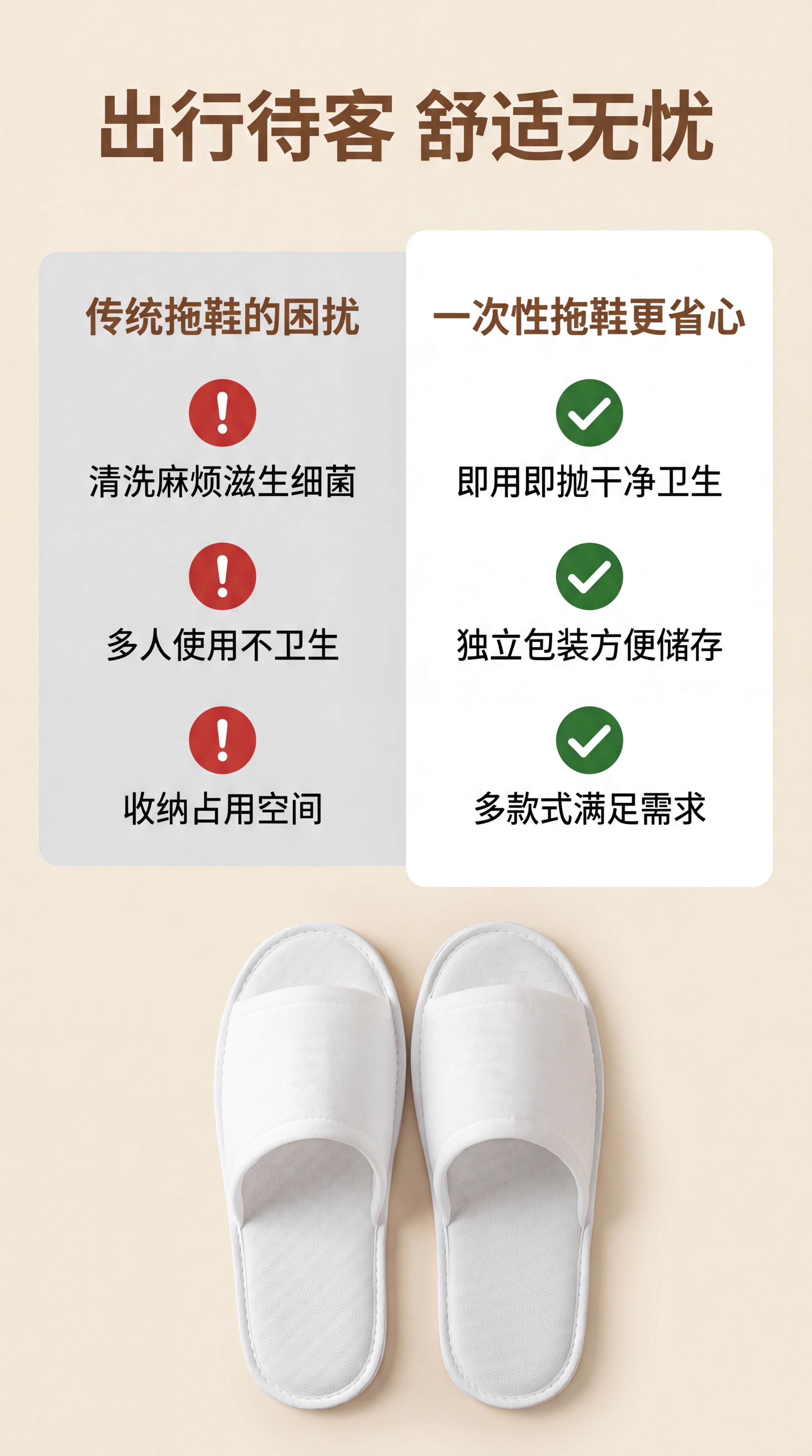 [第2屏] 痛点解决页，一次性拖鞋痛点对比说明图。本屏使用【图… - 图片创意预览
