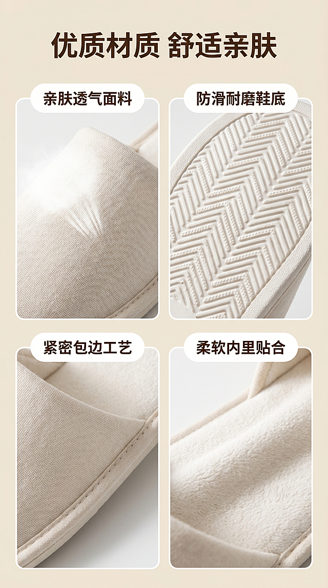 [第3屏] 材质解析页，四宫格展示一次性拖鞋核心材质特点。本屏使用【图1】产品细节作为参考，保持各材质纹理与原图一致。
[氛围/风格] 简约商务质感，微距特写清晰，突出材质细节，专业可信。
[元素布局] 2×2四宫格布局，每个宫格展示一个核心材质局部特写，四个宫格分别展示：1. 鞋面上层织物面料特写；2. 鞋底防滑纹理特写；3. 包边缝线工艺特写；4. 内里亲肤层特写。每个宫格上方配圆角白色标题卡片，文字说明材质卖点。整体宫格间距均匀，留白充足。
[光影质感] 每个宫格局部都使用柔和侧光，突出材质纹理和凹凸感，面料纤维清晰可见，防滑纹理轮廓分明，整体通透真实。
[配色色系] 全局底色：#F5F0E6（米浅棕）；宫格背景：白色；文字：深棕色；保持各部位颜色与产品原图一致。
[视角构图] 每个宫格采用微距特写视角，产品细节占据宫格80%区域，整体构图均衡稳定，信息清晰。
[文字版式] 顶部居中主标题“优质材质 舒适亲肤”棕色大字，下方四宫格每个宫格标题分别为：“亲肤透气面料”“防滑耐磨鞋底”“紧密包边工艺”“柔软内里贴合”，文字放在宫格顶部白色圆角卡片上，清晰不遮挡材质细节。
[比例分辨率] 9:16 竖版比例，4K分辨率，文字清晰可辨，超高清。
[负向提示词] 材质模糊，纹理失真，文字遮挡主体，宫格比例失衡，颜色偏差，水印。