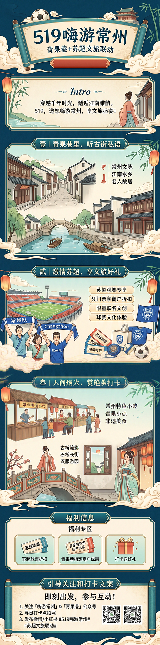 「519 嗨游常州・青果巷+苏超文旅联动」营销长图，AIGC生成视觉，结合常州文旅真实信息，包含主标题“519嗨游常州”，导语，3个核心板块：青果巷历史、苏超观赛文旅福利、街区美食、国风打卡场景，福利信息，引导关注和打卡文案，国风设计风格，展现江南历史街区风貌，配色雅致，排版清晰