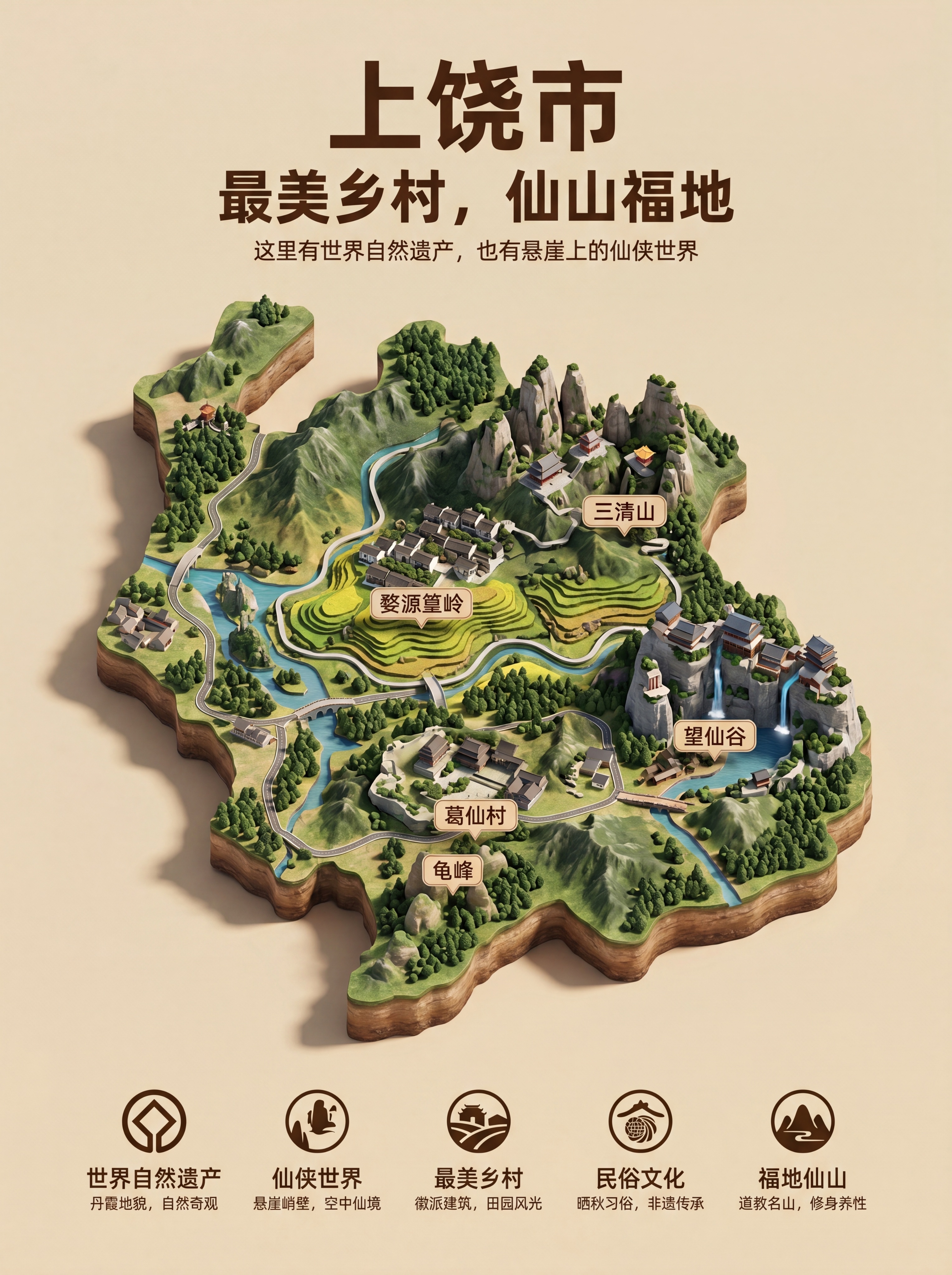 生成一张上饶市立体旅游地图，比例3:4，调性和参考图一致，主标… - 图片创意预览