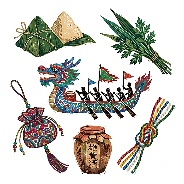 参考提供图片的版画创作风格，生成包含粽子、龙舟、香囊、艾草、五彩绳、雄黄酒六个端午元素的彩色图片，背景为纯白色，画面高清