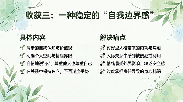 设计一张横版单收获宣传图，仅展示"收获三：一种稳定的“自我边界感”"，包含对应的具体内容和解决痛点，保持原清新绿色设计风格，排版舒展，文字清晰易读，和整体系列风格统一