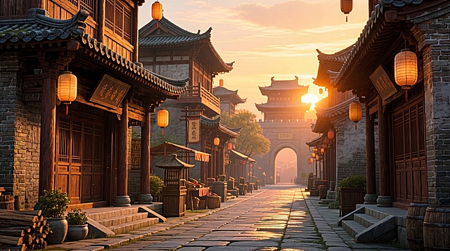 以原图为基础优化，强调材质光影和细节，大周国广陵城街道，傍晚时分，温暖的夕阳余晖洒在古色古香的木质建筑上。街道整洁，青石板路面反射着微光，充满生活气息的古代城镇景观，画面中无人物，16:9比例，画质超清，细节丰富