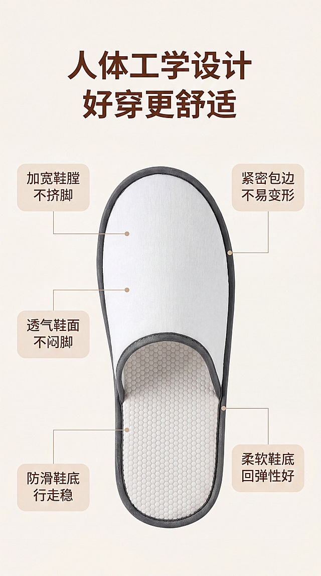 [第4屏] 结构设计页，引线标注展示一次性拖鞋整体结构细节。本屏使用【图1】灰白拼色款拖鞋作为主体，保持外观结构颜色与原图一致。
[氛围/风格] 专业产品解析风，清晰直观，简约干净，突出产品设计细节。
[元素布局] 灰白拼色款拖鞋居中放置，占据画面60%区域，保持鞋面白色、包边深灰色、六边形防滑鞋底的结构与原图完全一致。从拖鞋五个关键部位引出细线，连接到对应文字说明卡片，每个说明卡片为浅米色圆角矩形，文字放在卡片内。背景为纯净浅米色，不干扰主体。
[光影质感] 正面均匀柔和布光，整体光线通透，产品轮廓清晰，鞋底纹理和面料纹理都清晰可见，引线不遮挡主体。
[配色色系] 全局底色：#F5F0E6（米浅棕）；主体配色：保持拖鞋原配色白色+深灰色；说明卡片：浅米色，文字：深棕色。
[视角构图] 正面45度斜侧视角，拖鞋居中放置，引线从各个部位引出到四周，排版干净，信息一目了然。
[文字版式] 顶部主标题“人体工学设计 好穿更舒适”棕色大字，五个引线标注分别说明：“加宽鞋膛 不挤脚”“透气鞋面 不闷脚”“防滑鞋底 行走稳”“紧密包边 不易变形”“柔软鞋底 回弹性好”，每个标注文字简洁，清晰易读。
[比例分辨率] 9:16 竖版比例，4K分辨率，文字清晰可辨，超高清。
[负向提示词] 拖鞋结构变形，颜色偏差，引线错乱，文字遮挡主体，文字模糊，水印。