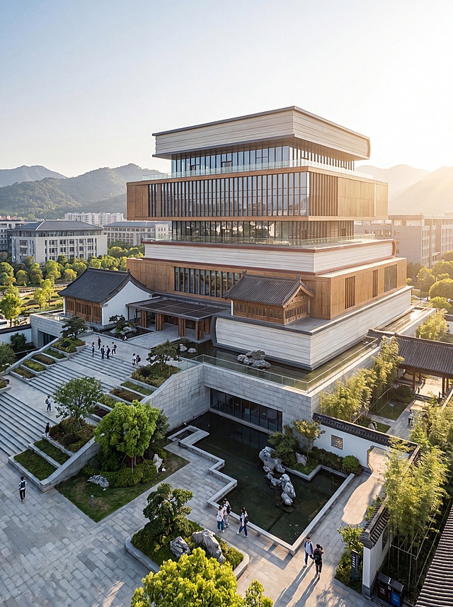 杭州师范大学书山图书馆，外观像堆叠的书本，现代设计融合江南园林元素，阳光照射，建筑宏伟，校园风光