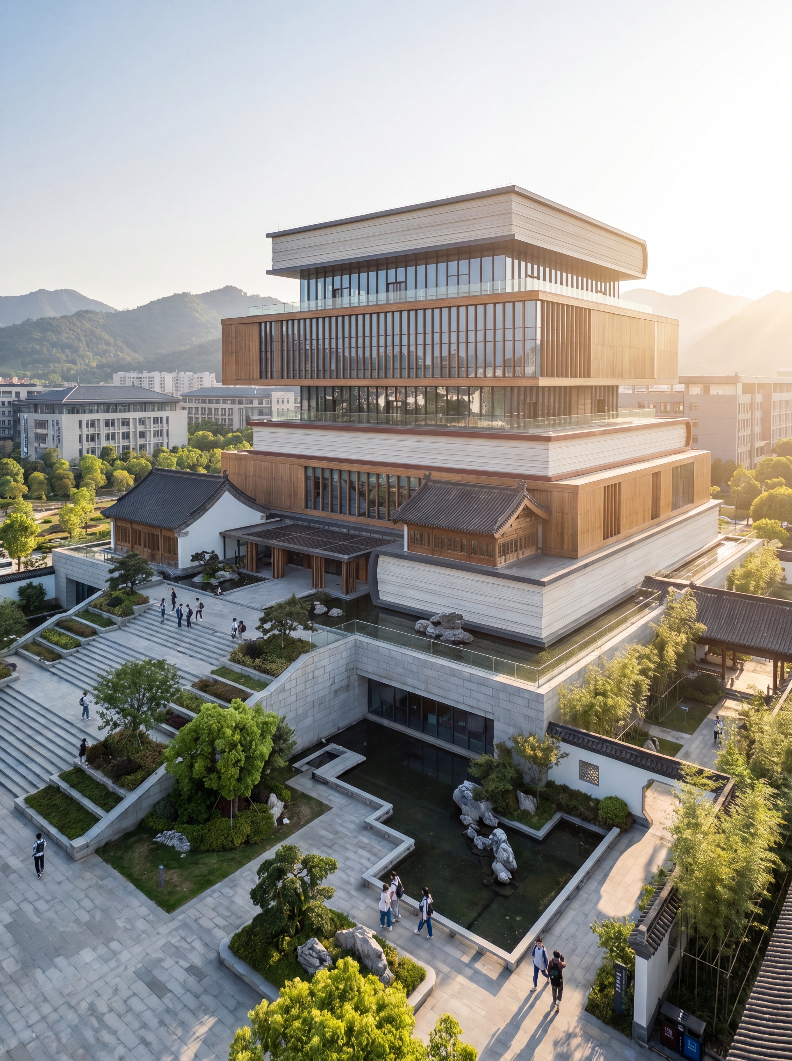 杭州师范大学书山图书馆，外观像堆叠的书本，现代设计融合江南园林… - 图片创意预览