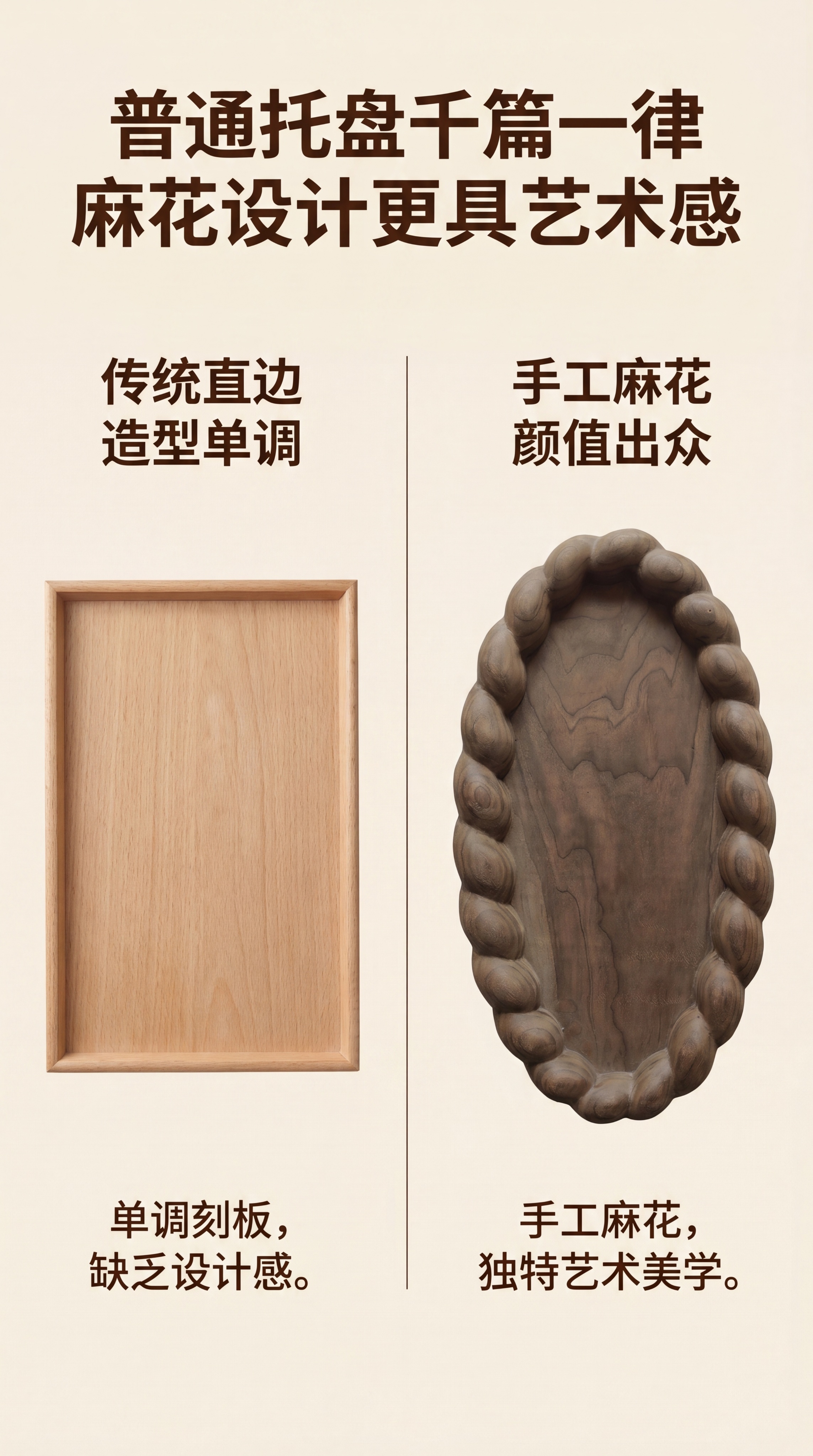[第2屏] 痛点对比，展示普通托盘与麻花边设计的区别。左侧使用… - 图片创意预览
