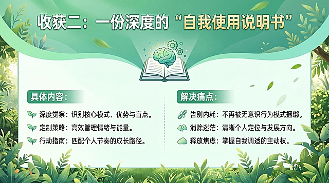 设计一张横版单收获宣传图，仅展示"收获二：一份深度的“自我使用说明书”"，包含对应的具体内容和解决痛点，保持原清新绿色设计风格，排版舒展，文字清晰易读，和整体系列风格统一