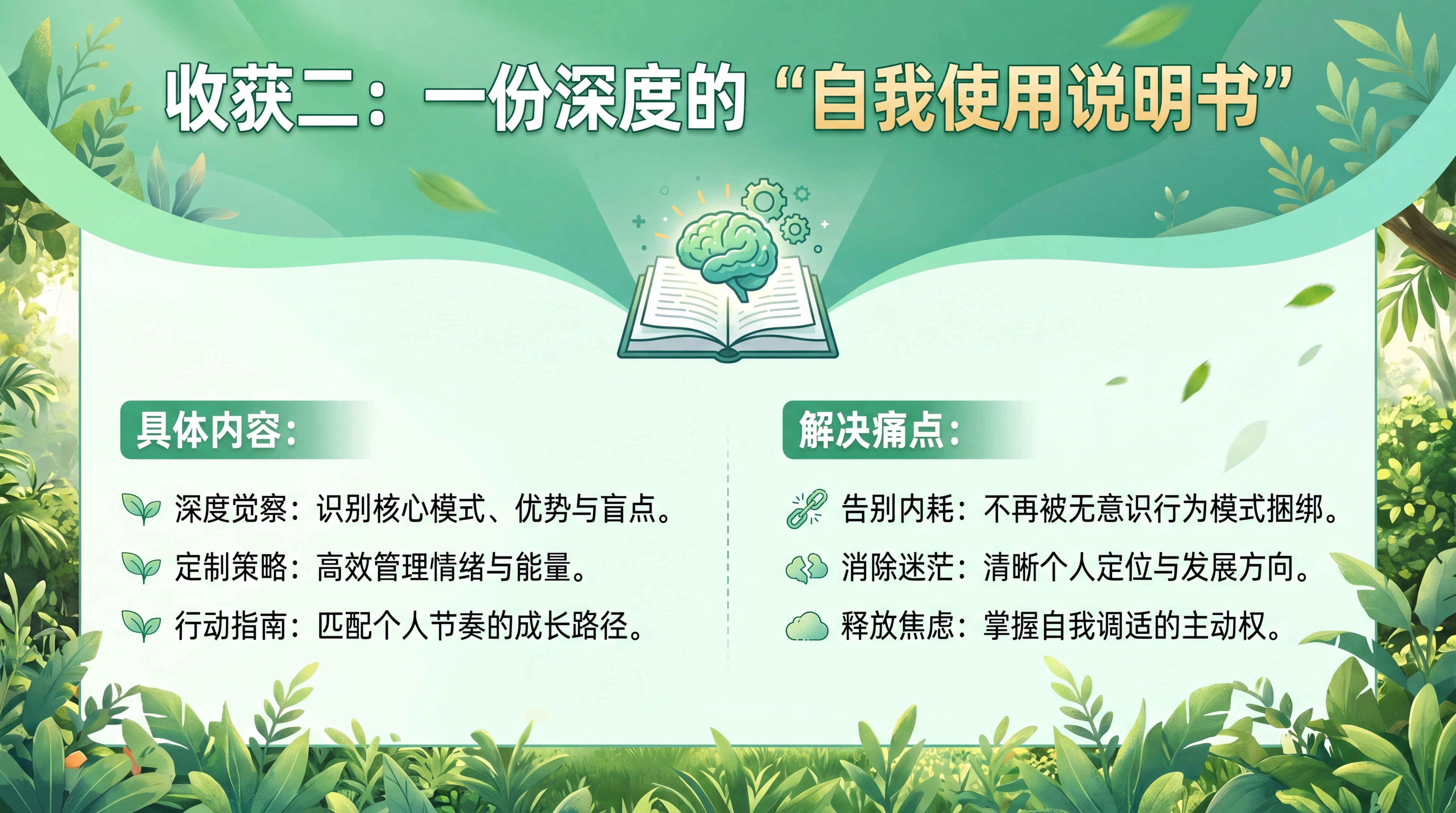 设计一张横版单收获宣传图，仅展示"收获二：一份深度的“自我使用… - 图片创意预览