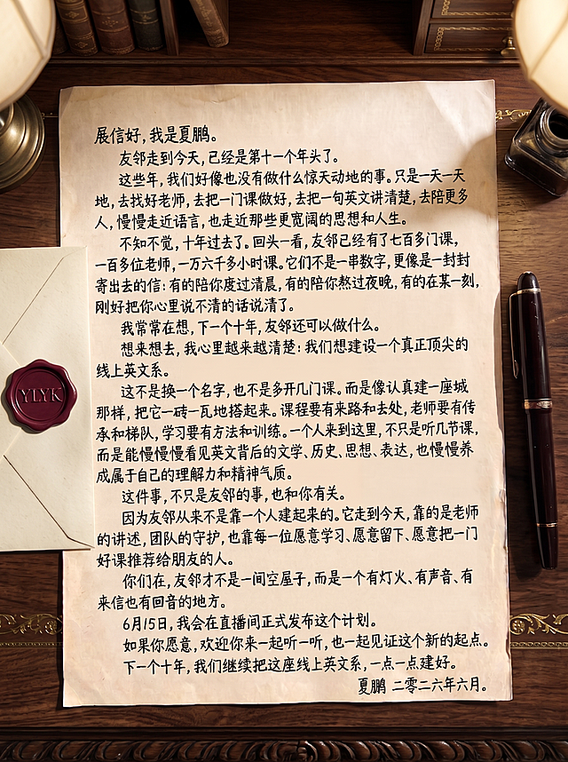 保持信件文字内容完全不变（展信好，我是夏鹏……夏鹏 二零二六年六月），将背景替换为欧洲维多利亚时期风格的木质书桌，桌上放置一个红色火漆封印的信封，封印图案为字母‘YLYK’，信纸仍置于桌面中央，钢笔在右侧，整体光线柔和复古，高清4K