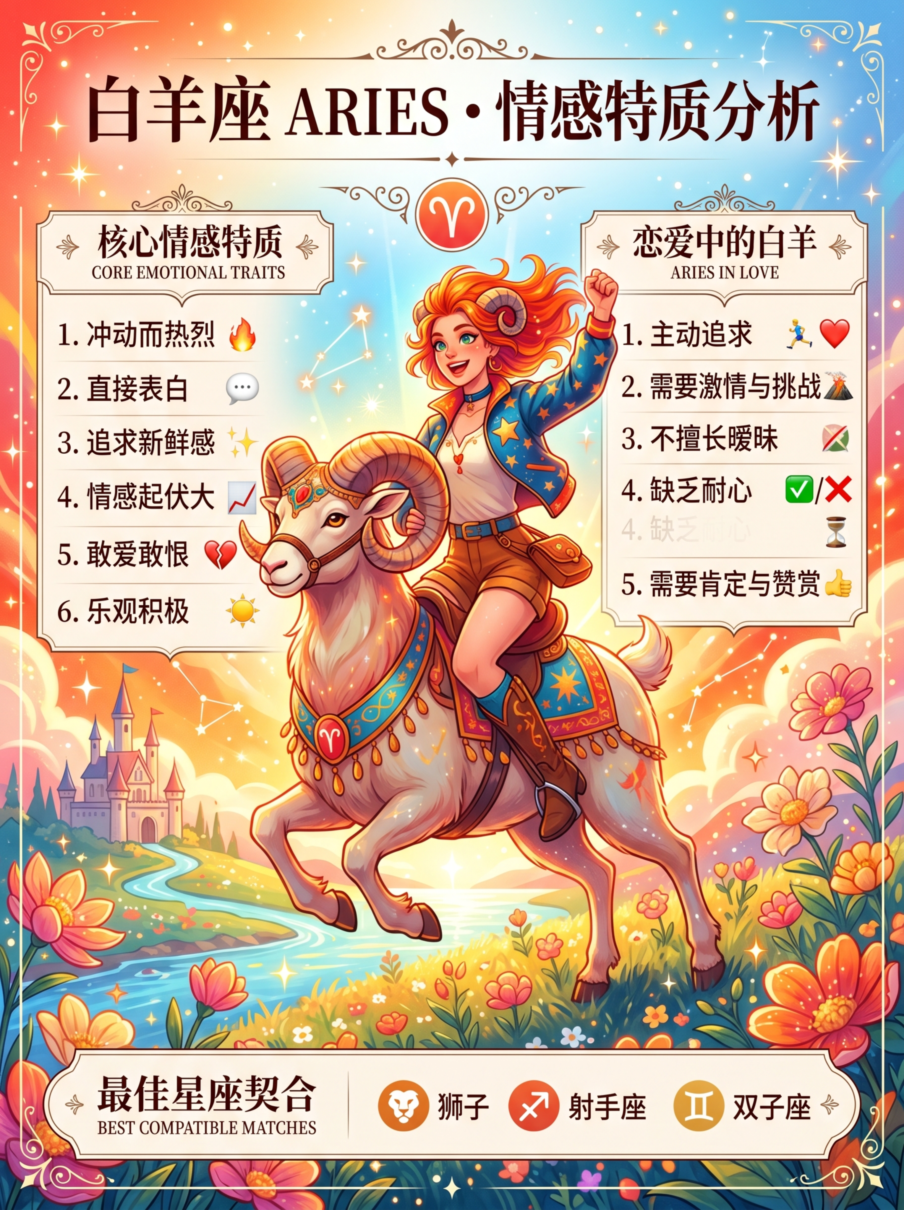 精美明亮风格的十二星座情感分析图片，白羊座，画面精致，色彩鲜艳… - 图片创意预览