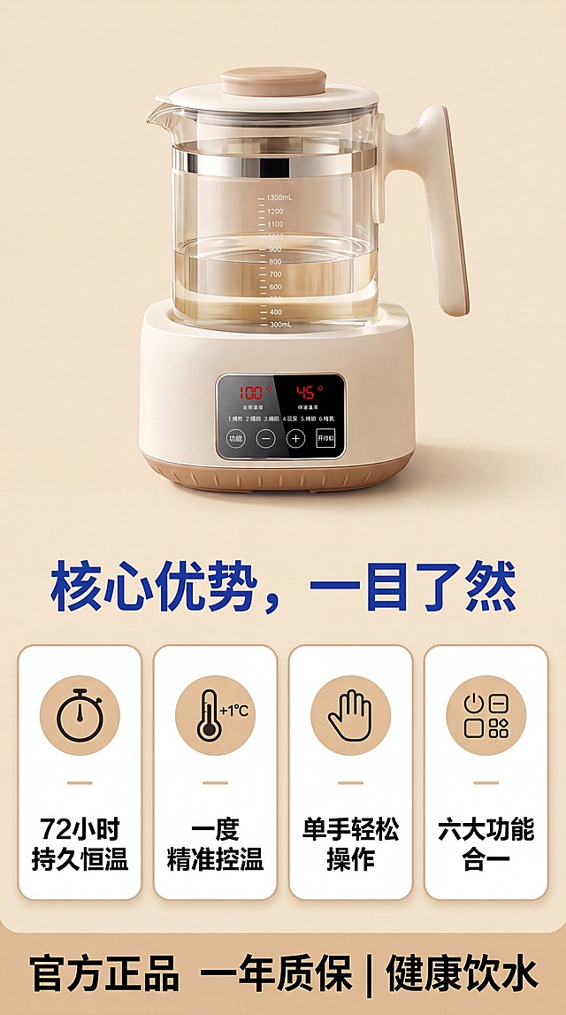 [第3屏]核心卖点总览，使用【图1】【图2】展示，标题"核心优势，一目了然"，四大卖点：72小时持久恒温/一度精准控温/单手轻松操作/六大功能合一，产品在上卖点卡片在下，保持原图产品外观，9:16竖版4K清晰。负向：产品变形、排版拥挤