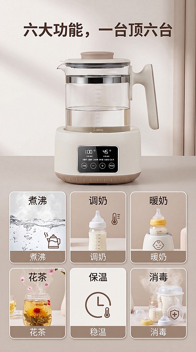 [第7屏]六大功能展示，使用【图2】产品主体，标题"六大功能，一台顶六台"，六格分开展示煮沸/调奶/暖奶/花茶/保温/消毒，产品在上功能拼图在下，保持产品外观，9:16竖版4K清晰。负向：产品变形、排版错乱