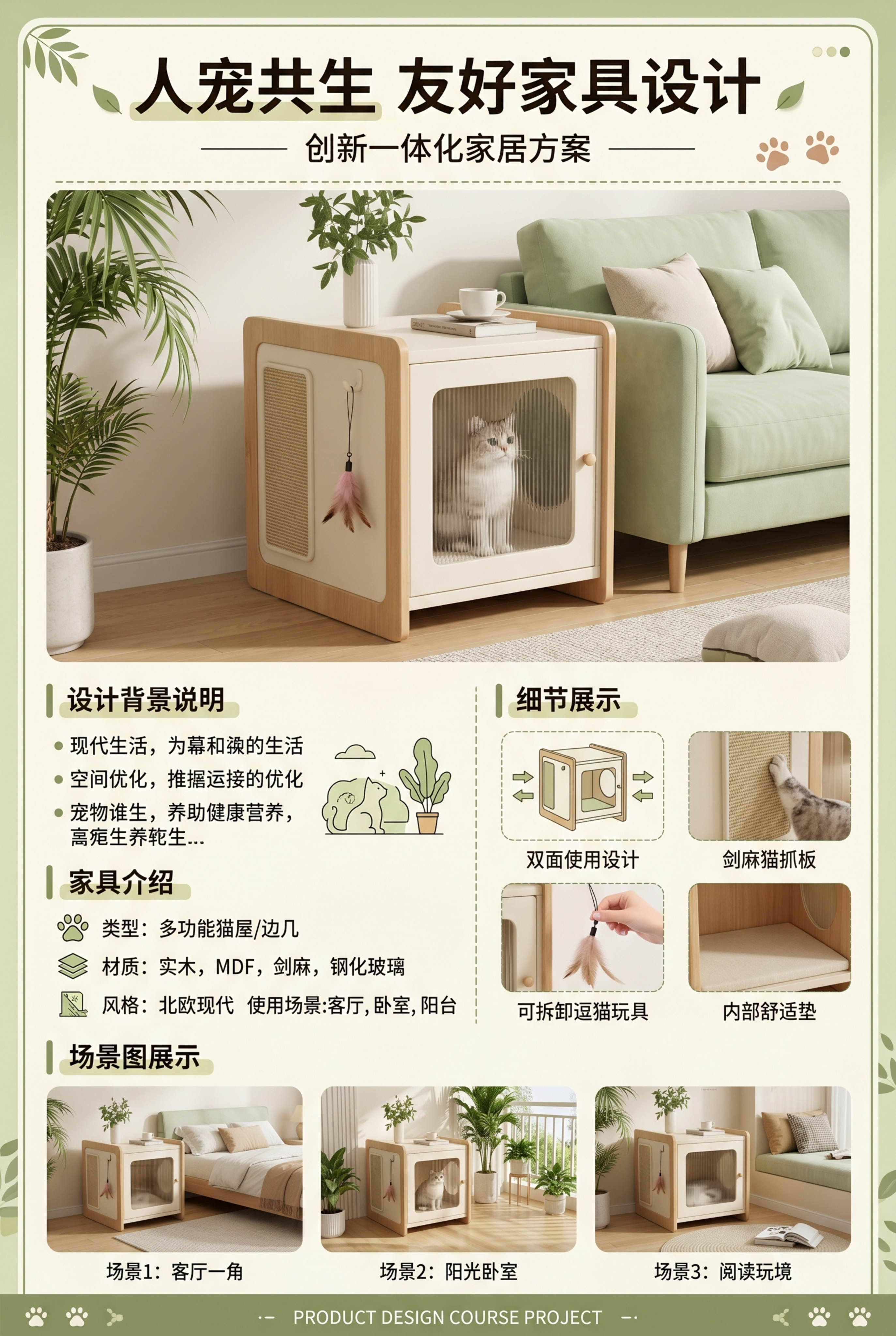 设计一张“人宠共生友好家具设计”展板，整体风格为清新北欧风，色… - 图片创意预览