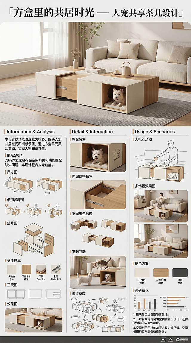 设计展板，标题为「方盒里的共居时光 — 人宠共享茶几设计」，整体为极简暖调家居风，背景浅灰色。顶部主视觉区是米白+原木色模块化茶几，多个方盒单元，带可伸缩结构和隐藏西高地狗窝，放在浅色系现代客厅，有米白沙发和浅灰地毯，氛围温馨。左侧说明区含黑色宋体设计说明：本设计以功能隐形化为核心，解决人宠共居空间和情感矛盾，通过方盒单元灵活变动，实现人宠和谐共生。还有痛点分析：70%养宠家庭存在空间挤兑和功能匹配缺失问题，本设计整合人宠功能。包含尺寸图、使用步骤图、爆炸图、材质样本、三视图、效果图，狗是西高地白㹴。中部细节区展示狗窝、伸缩结构特写，不同组合形态带猫咪互动，还有设计草图。右侧展示人机互动图、多场景效果图、配色方案、调研结论。细线条分区，配色米白、原木棕、深灰，简约高级专业展板，光影柔和，8K高清，层次分明，图片比例9:16