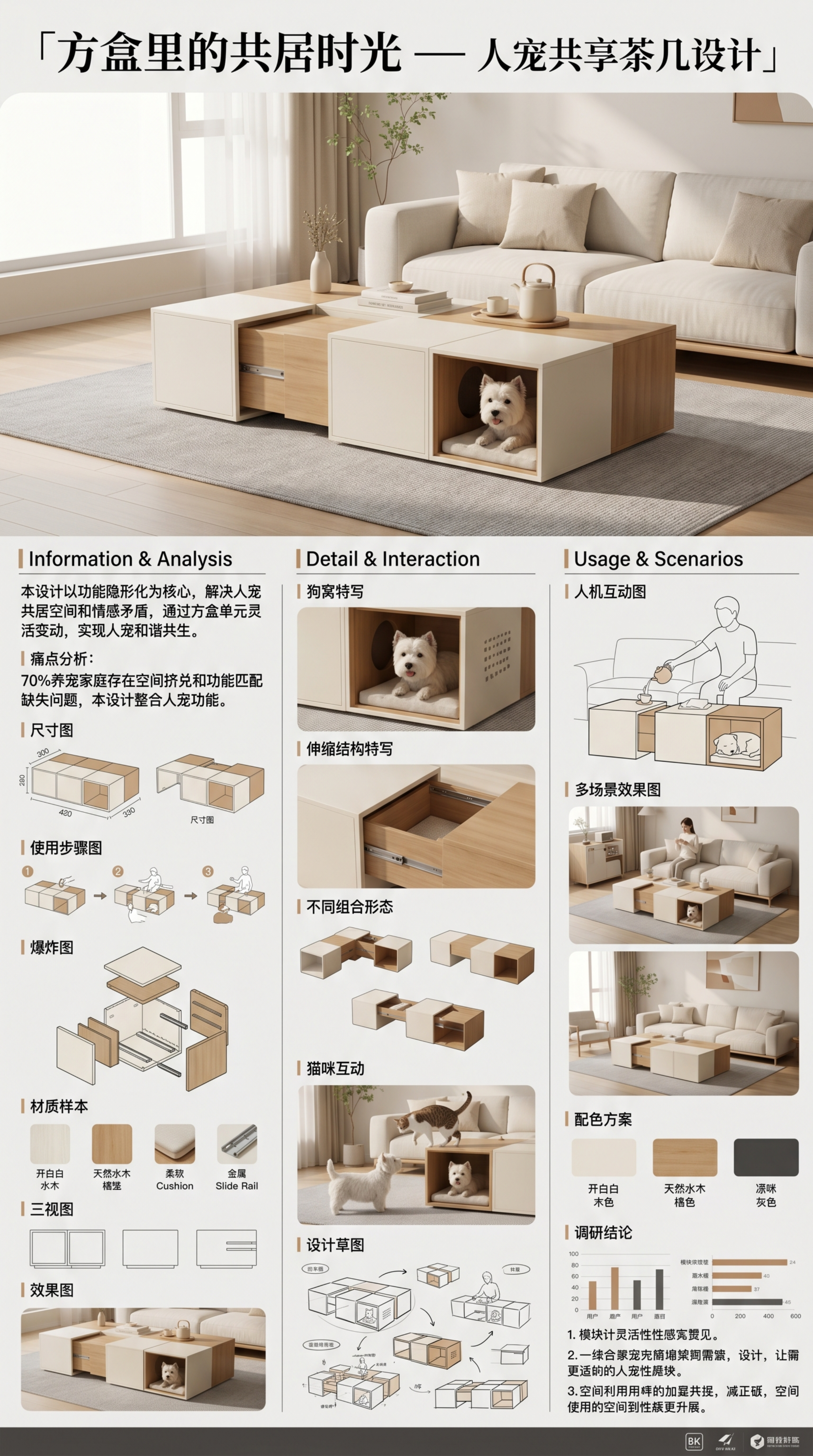 设计展板，标题为「方盒里的共居时光 — 人宠共享茶几设计」，整… - 图片创意预览