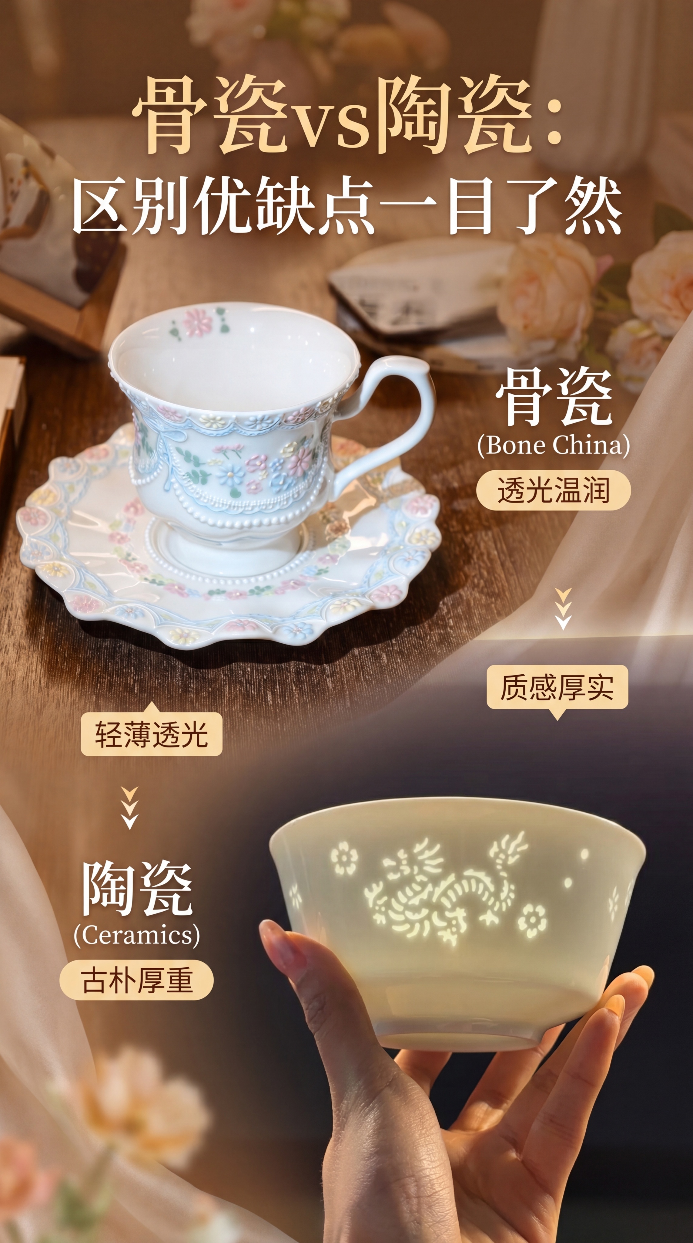 小红书图文封面，展示骨瓷咖啡杯碟和玲珑陶瓷碗两张图片，标题文字… - 图片创意预览