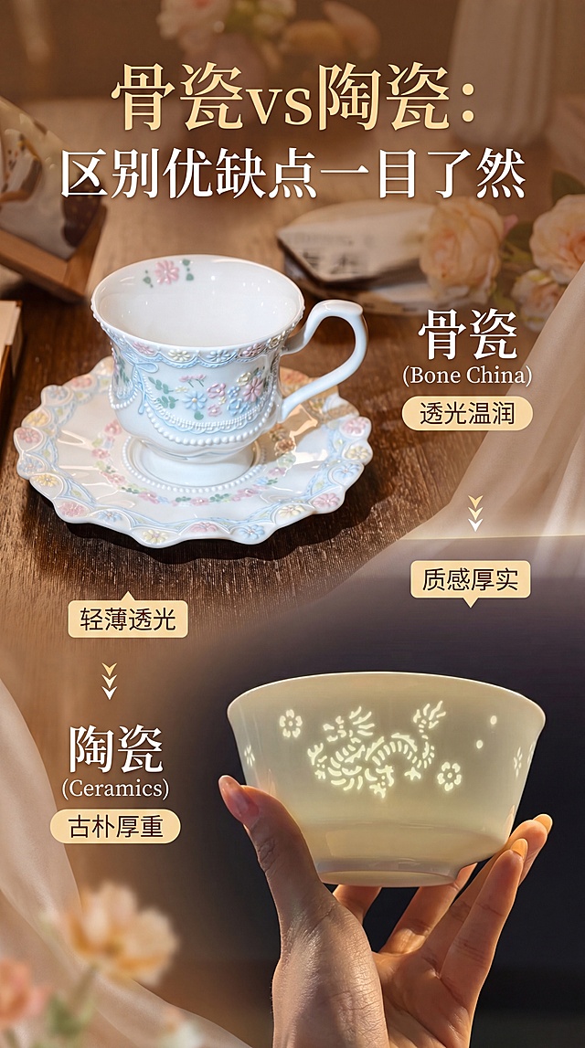 小红书图文封面，展示骨瓷咖啡杯碟和玲珑陶瓷碗两张图片，标题文字“骨瓷vs陶瓷：区别优缺点一目了然”，清新雅致风格，暖色调，适合小红书竖版图文