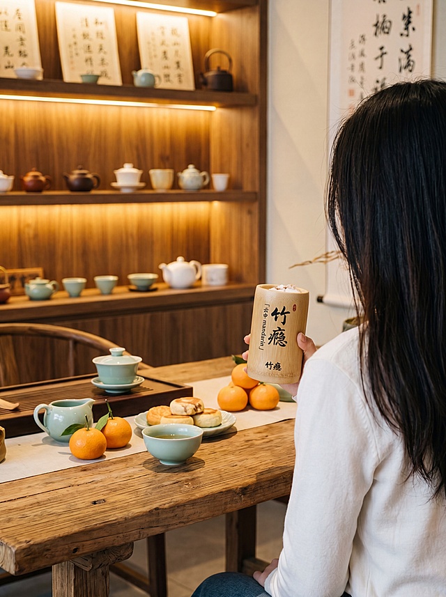 新中式茶馆场景，年轻女生背影坐在茶桌前，手里捧着竹瘾「云中mandarin」奶茶类茶饮，桌上放着青瓷茶盏和橘子，背景是暖光的木质茶架与书法卷轴，整体色调柔和，治愈松弛感，突出茶饮与场景融合，杯身书法字清晰可见，写实高清