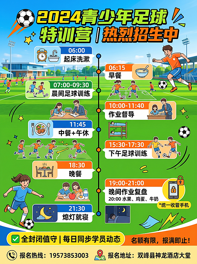 每日作息
06:00 起床洗漱
06:15 早餐
07:00-09:30 晨间足球训练
10:00-11:40 作业督导
11:45 中餐 + 午休
15:30-17:30 下午足球训练
18:30 晚餐
19:00-21:00 晚间作业复盘（20:00水果、鸡蛋、牛奶）
21:30 熄灯就寝 | 统一收管手机
✅ 全封闭值守 | 每日同步学员动态
名额有限，报满即止！
📞 报名热线：19573853003
📍 报名地址：双峰县神龙酒店大堂