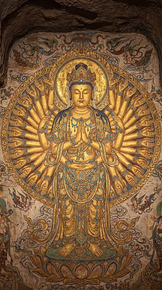 千手观音敦煌壁画，主尊面相慈悲庄严，千臂排布规整，每掌绘慧眼，璎珞宝饰繁复精美，大面积鎏金配色，细节华丽繁复，敦煌重彩风格，对称构图，超高清8K，细节丰富，无水印，壁画材质，强制拉高画质，佛像