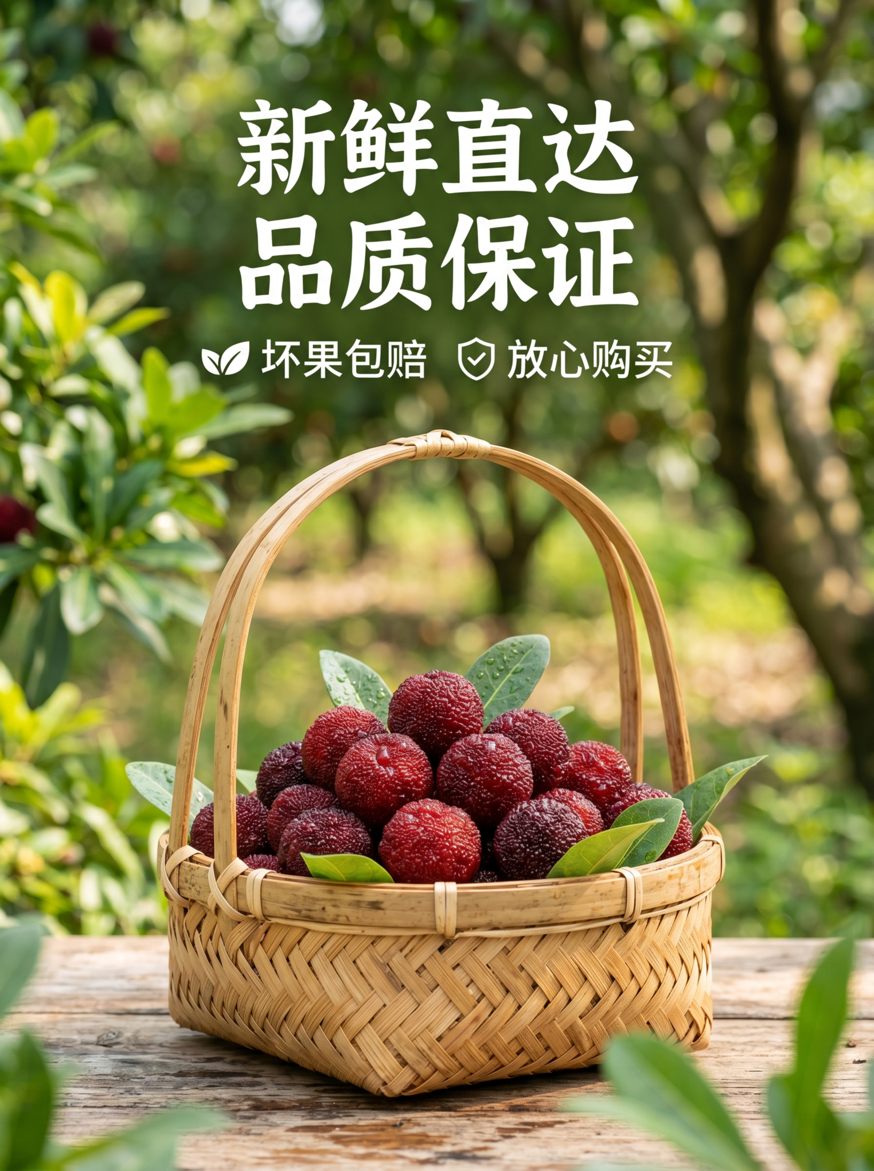 [第8屏] 售后保障收尾。展示竹篮里装着新鲜东魁杨梅，标题"新… - 图片创意预览
