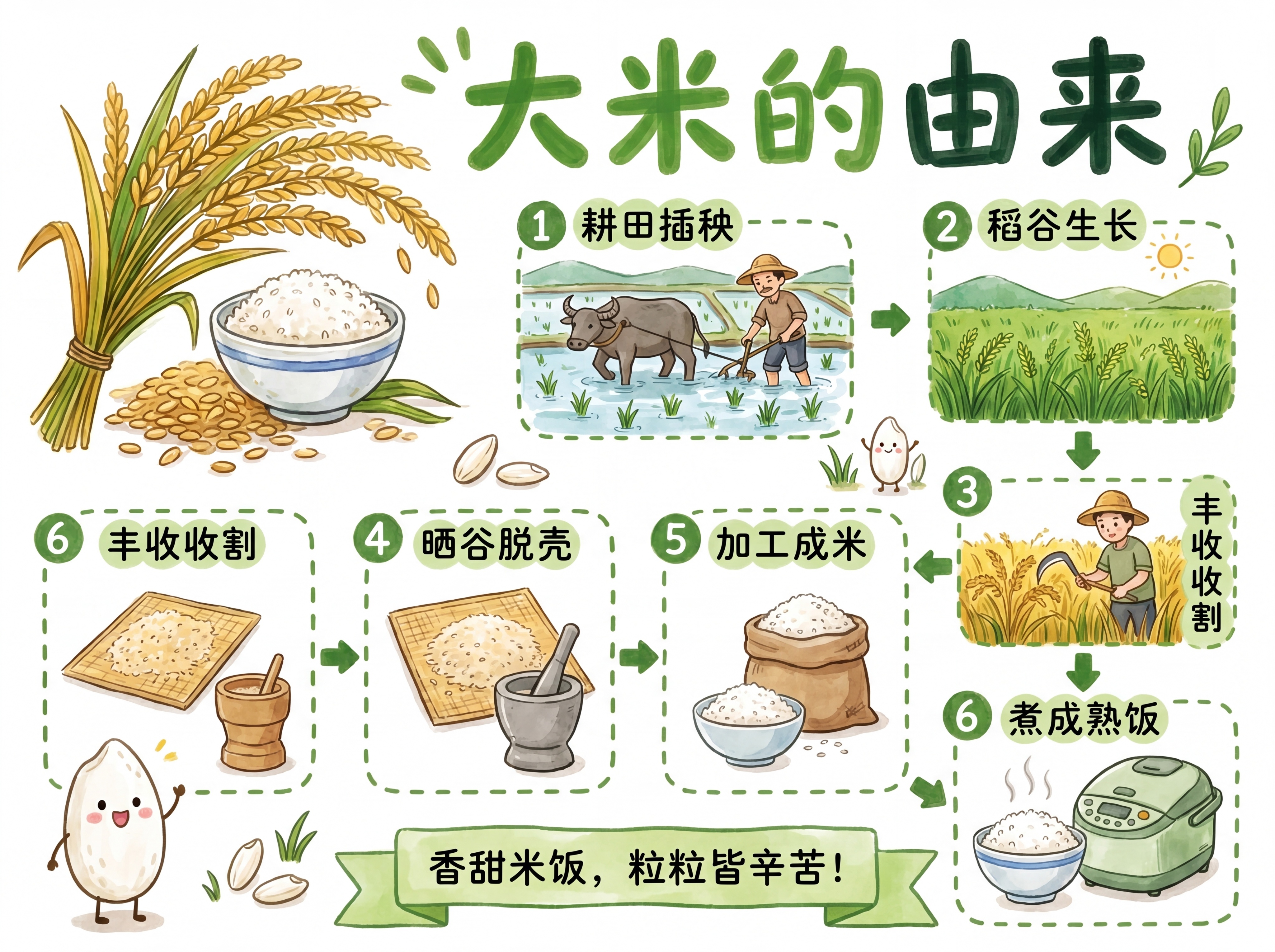 参照参考图片的手绘水彩风格，制作一张横版的大米的由来手抄报。整… - 图片创意预览