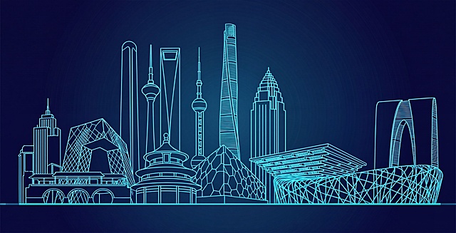 移除图片底部的所有绿色树木和草地，只保留青蓝色霓虹线描建筑轮廓和深蓝色渐变背景，生成300dpi高清图片