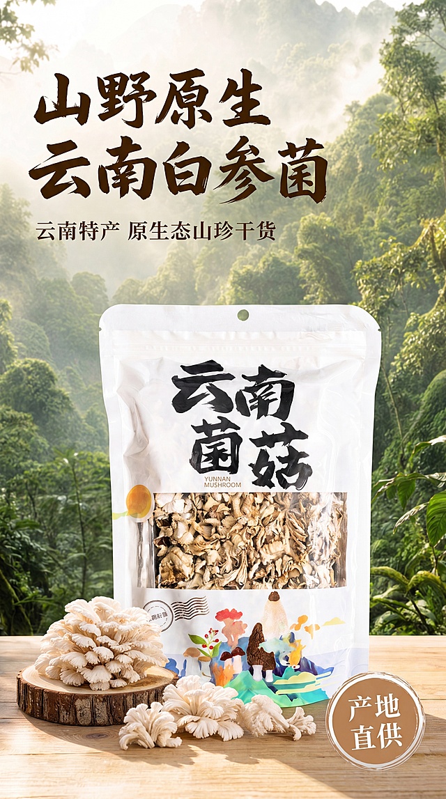 [第1屏] 详情页首屏-云南特产白参菌干货主视觉海报，主打山野原生态。本屏使用【图1】作为商品主体，保留包装袋结构和白参菌实物特征。
[氛围/风格] 自然原生态风，山野清新氛围感，商业食品摄影质感，画面干净通透，突出食材天然感。
[元素布局] 包装袋产品放置在画面偏下区域，占据整体65%左右。包装袋前方木片上摆放新鲜白参菌实物，背景是朦胧雾气的云南原始山林，前景底部用浅原木色桌面承托，左上角留出大标题区域，整体层次分明，保留商品和白参菌的物理结构、颜色与输入图一致。
[光影质感] 上方柔自然光主光源，从左上角照射，在产品和桌面形成自然柔和阴影，山林背景有雾蒙蒙的光影渐变，整体明暗清晰，突出食材质感。
[配色色系] 全局底色：#F5F1E4（浅米黄）；主体配色：自然绿山林+原木浅棕+米白菌身；辅助色：深棕文字。
[视角构图] 正面平视视角，主体产品居中偏下，景深适中，前景桌面+中景产品+背景山林三层递进，符合竖版手机阅读动线。
[文字版式] 左上大标题+副标题+右下角圆形角标。主标题「山野原生 云南白参菌」，深棕色书法字体，左对齐，字号占画面宽度10%。副标题「云南特产 原生态山珍干货」，深棕色小号字，主标题下方左对齐。右下角圆形棕色角标写「产地直供」白色字体。字体沿用首屏书法标题字体+深棕字色+纯色填充，版式载体为圆形角标。
[比例分辨率] 9:16竖版比例，4K分辨率，文字清晰可辨。
[负向提示词] 产品变形，包装文字错乱，颜色偏差，水印，文字模糊，背景杂乱，虚假夸张特效，结构错误