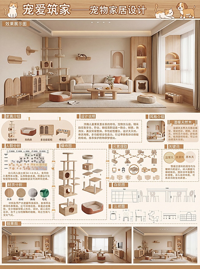 模仿参考图的排版风格，生成宠物家居设计展板，整体为暖原木风，包含标题栏、效果展示图、家具介绍、设计说明、风格介绍、材质分析、爆炸图、三视图等板块，主题为宠物家居，配色温暖柔和，保留参考图的版式布局和设计逻辑