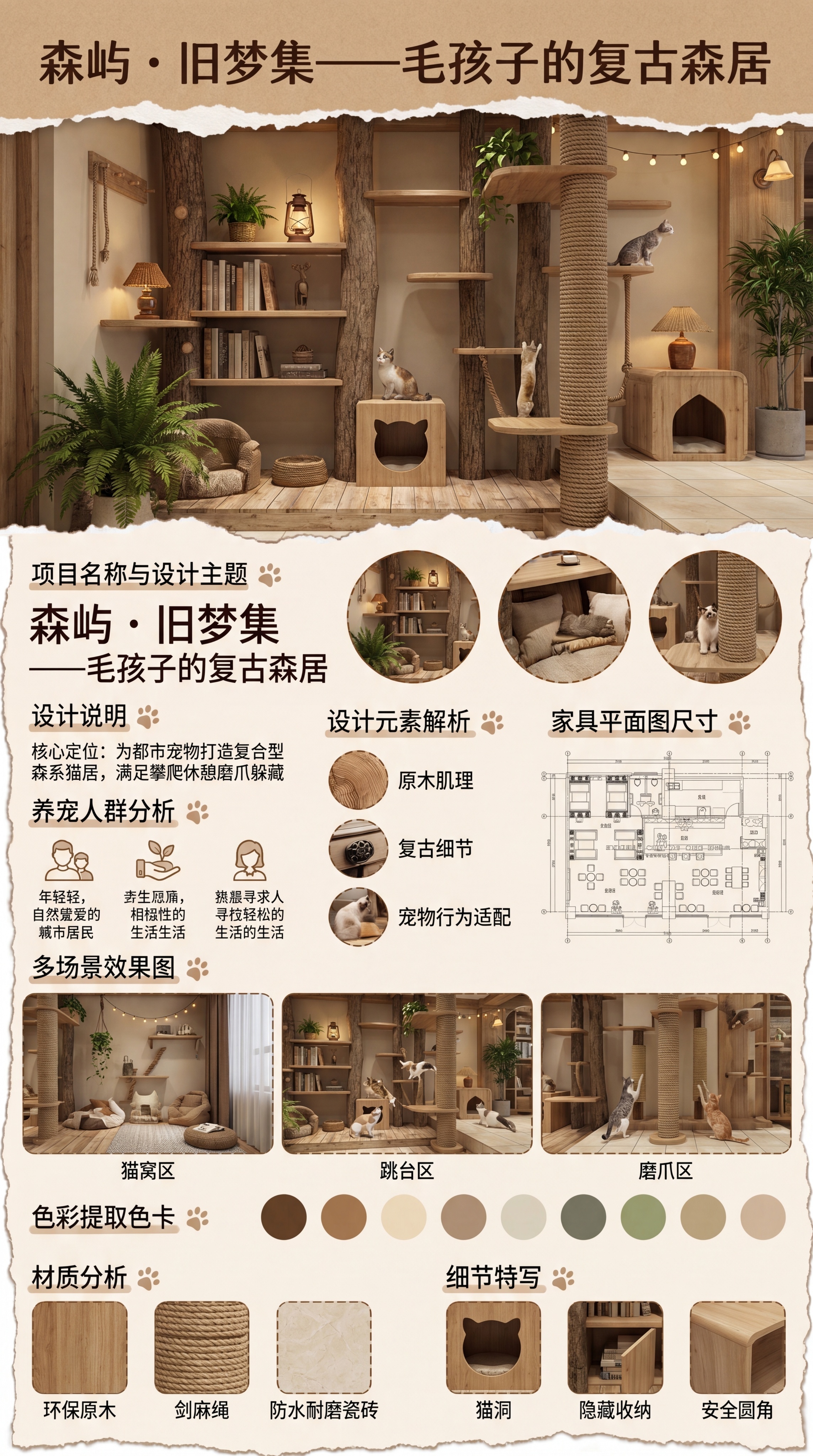 设计一张宠物家具设计展板，主题为"森屿·旧梦集——毛孩子的复古… - 图片创意预览