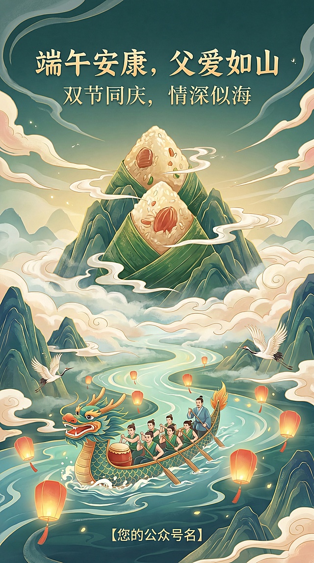 9:16竖版公众号海报，融合端午节与父亲节双主题，包含粽子山和赛龙舟元素，体现父爱如山的亲情主题，整体风格充满中式仙气，营造梦幻优雅的视觉效果，适合微信公众号发布