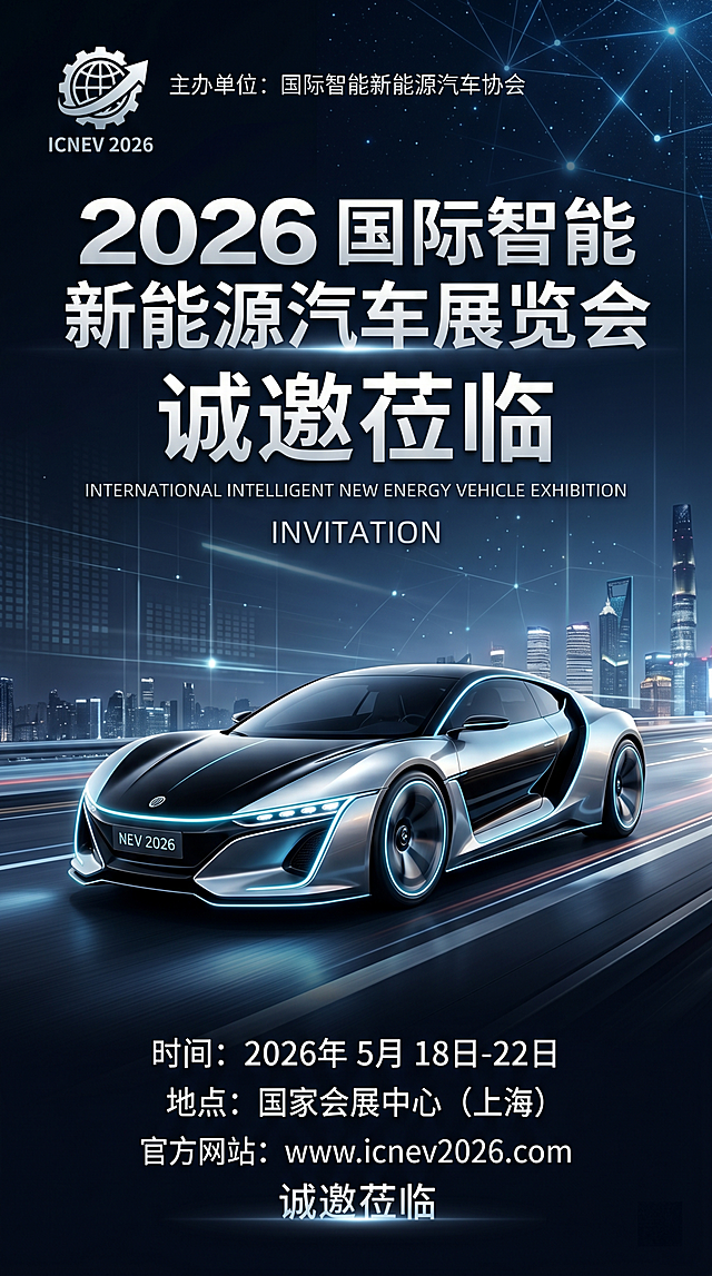 2026国际智能新能源汽车展览会邀请函封面，主视觉放一辆 futuristic 新能源概念车，黑银科技渐变配色，左上角放置主办方Logo，标题文字“2026国际智能新能源汽车展览会 诚邀莅临”使用醒目的粗体大字，整体风格高端科技，简洁大气，留有足够留白，专业大气