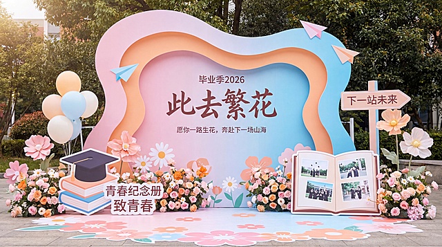 2026毕业季户外打卡合影背景墙设计，波浪异形双层KT板主视觉，中心大字标题此去繁花，上方标注毕业季2026，副标题小字愿你一路生花，奔赴下一场山海，左侧搭配立体学士帽、书本装饰、立式立牌文字青春纪念册致青春，右侧摆放翻开相册造型立牌下一站未来指示牌，两侧点缀马卡龙浅橙浅蓝奶白圆形气球，四周环绕粉橘色系花艺装饰玫瑰小雏菊立体纸艺花，空中漂浮纸飞机装饰，整体风格温柔治愈国风结合现代ins风，主色调柔粉蜜桃橘天青蓝渐变撞色，低饱和马卡龙暖色调，地面铺花瓣纹样同色系渐变地贴，宽高比例16:9