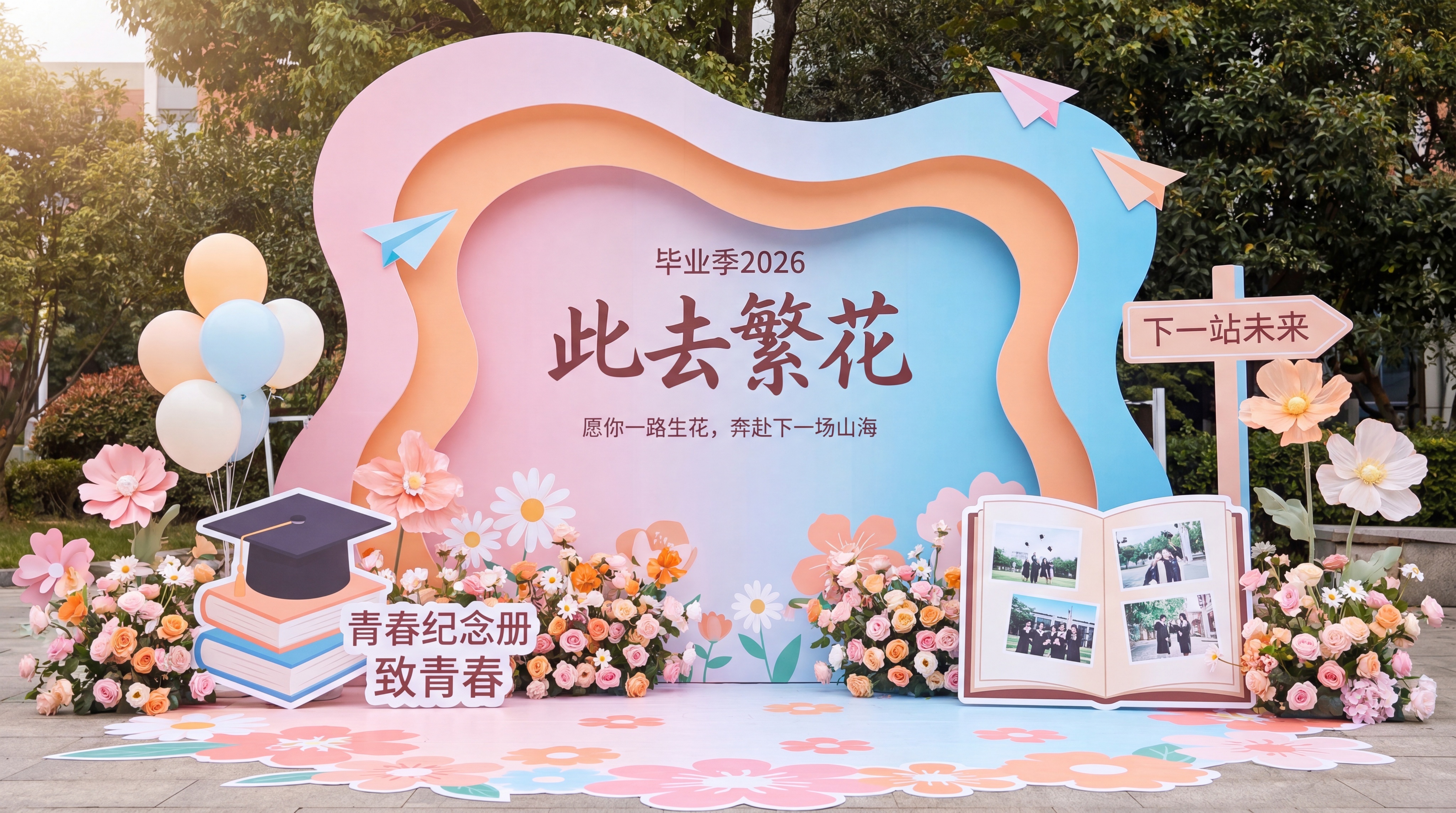 2026毕业季户外打卡合影背景墙设计，波浪异形双层KT板主视觉… - 图片创意预览